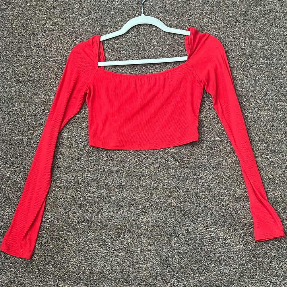 Tobi Red Fitted Long Sleeve Crop Blouse